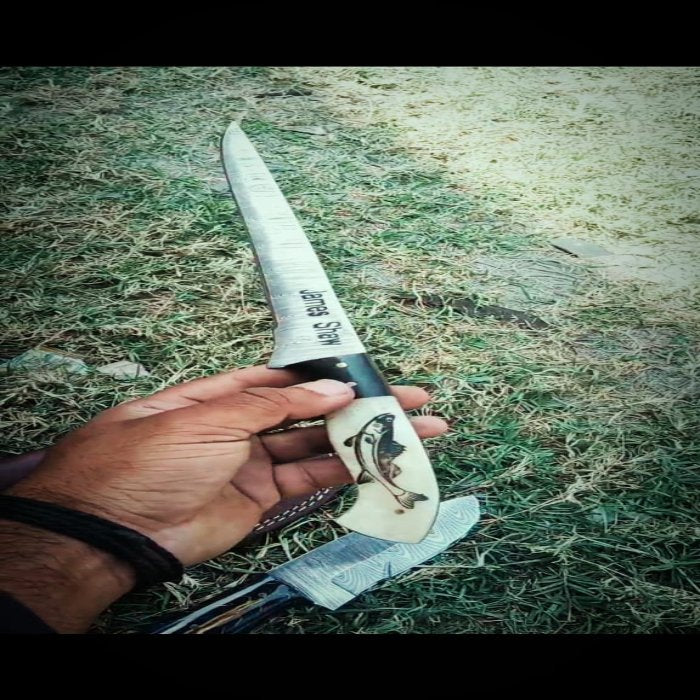 Fishing Fillet Custom Handmade Damascus Knife With Fish Engraving On Handle Personalized Knife