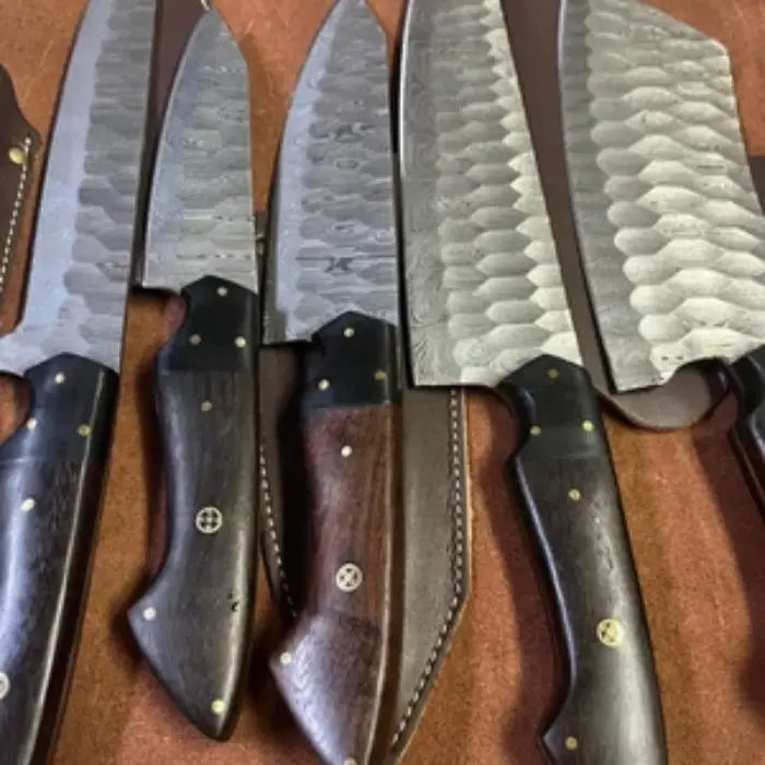 Handmade Damascus Steel Sharp Kitchen Knife Set With Leather Bag