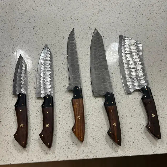 Handmade Damascus Steel Sharp Kitchen Knife Set With Leather Bag