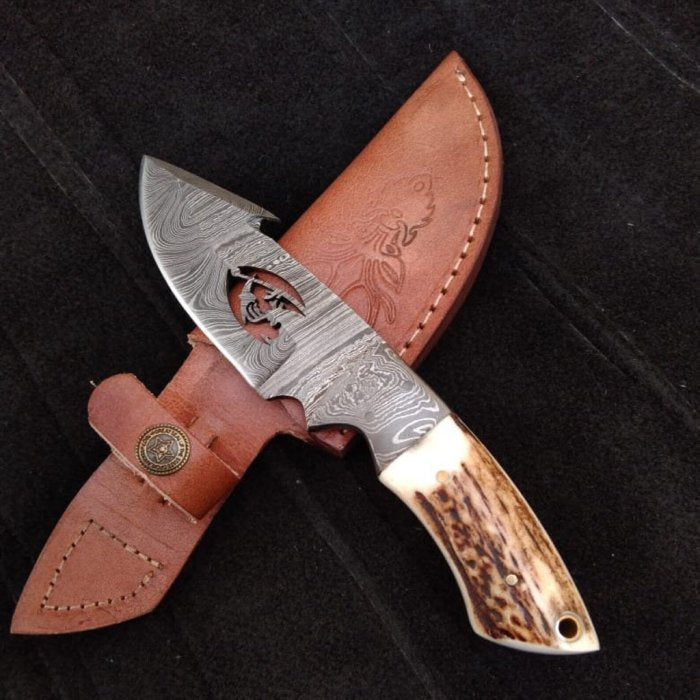 Handcrafted Damascus Steel Gut Hook Knife With Leather Case