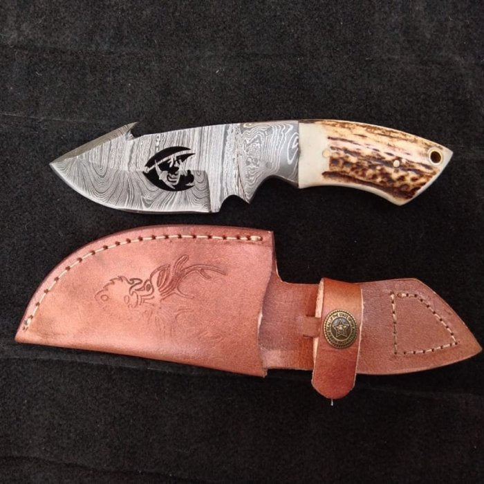 Handcrafted Damascus Steel Gut Hook Knife With Leather Case