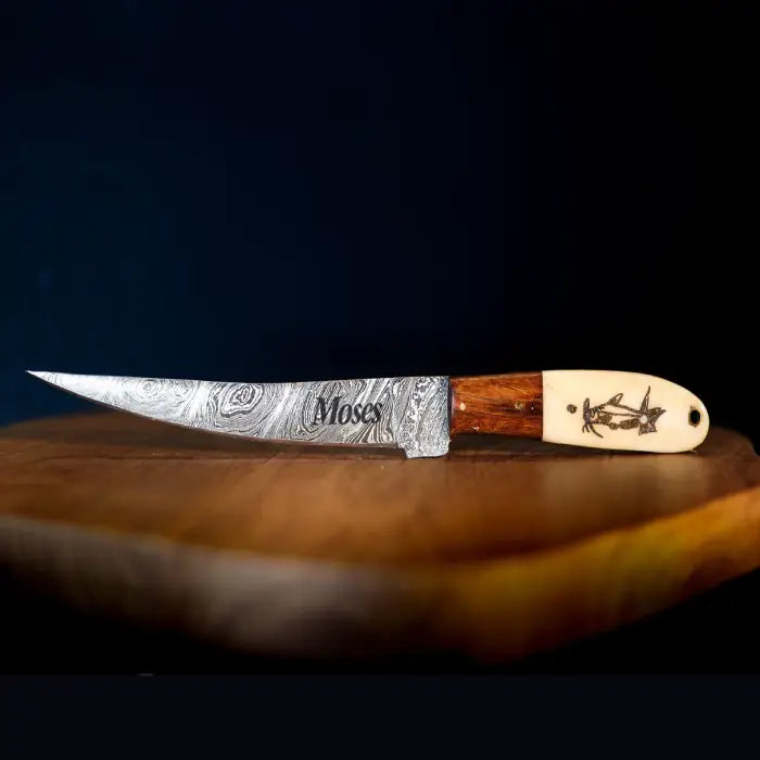 Fishing Fillet Custom Handmade Damascus Knife With Fish Engraving On Handle Personalized Knife