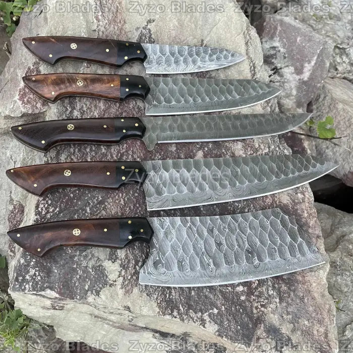Handmade Damascus Steel Sharp Kitchen Knife Set With Leather Bag