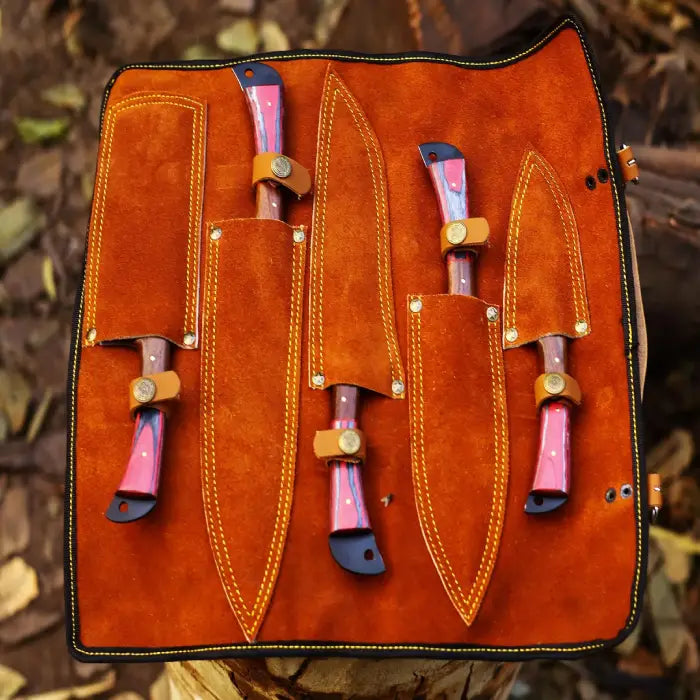 Handmade J2 Steel Set Of 5 Chef knife Set, kitchen knife Set With Leather Sheath