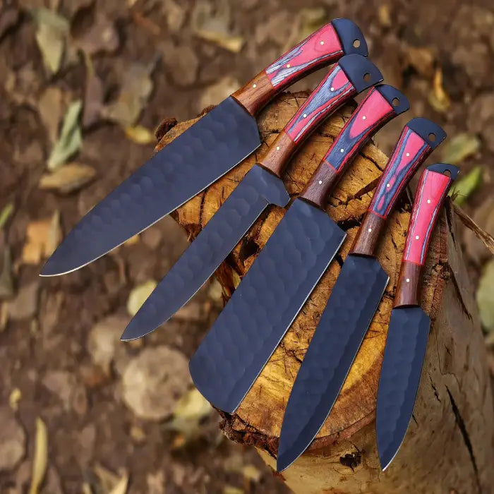 Handmade J2 Steel Set Of 5 Chef knife Set, kitchen knife Set With Leather Sheath