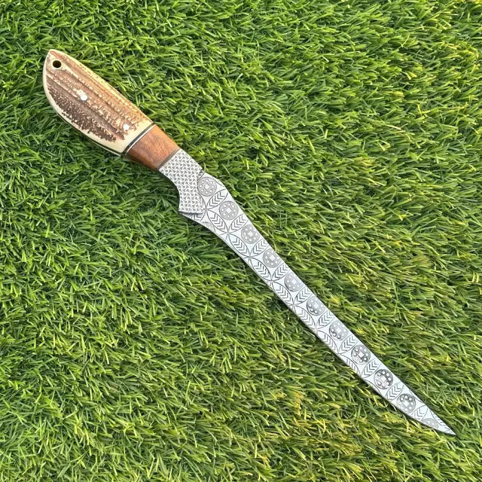 Fillet Knife 13" Custom Handmade J2 Steel Etched Blade with Stag Horn Wood Handle – Precision Cutting for Fishing & Kitchen Use