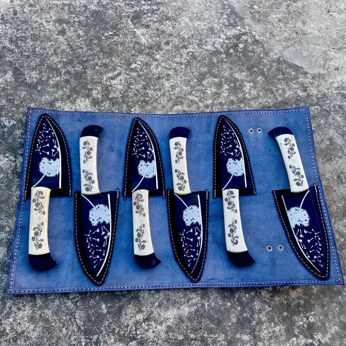 Handmade 6 Steak Knife & Leather Kit Floral Engraved Camping Knives Gift For Husband Anniversary Gift Kitchen Knives Set Gift For Mother