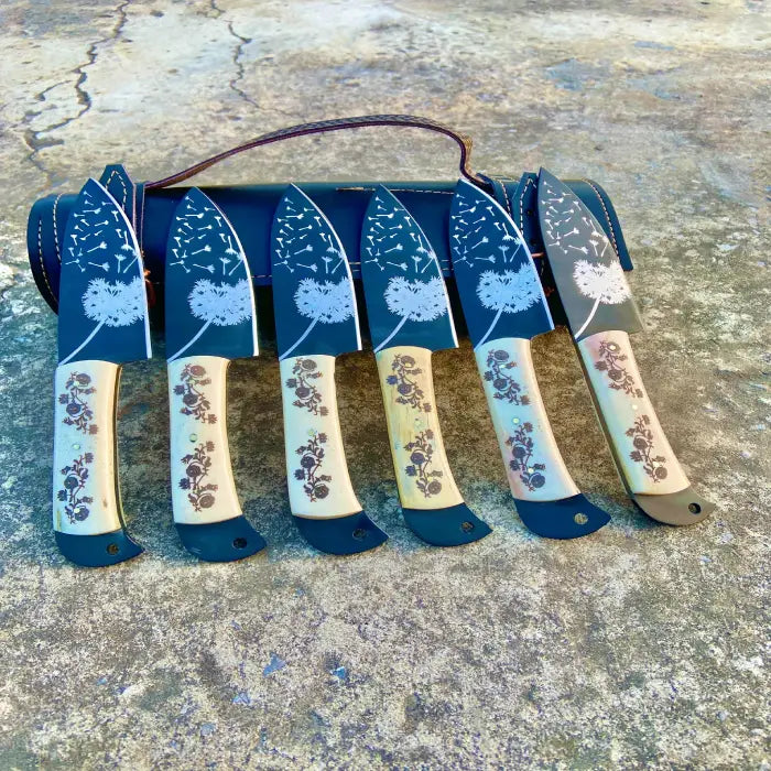 Handmade 6 Steak Knife & Leather Kit Floral Engraved Camping Knives Gift For Husband Anniversary Gift Kitchen Knives Set Gift For Mother