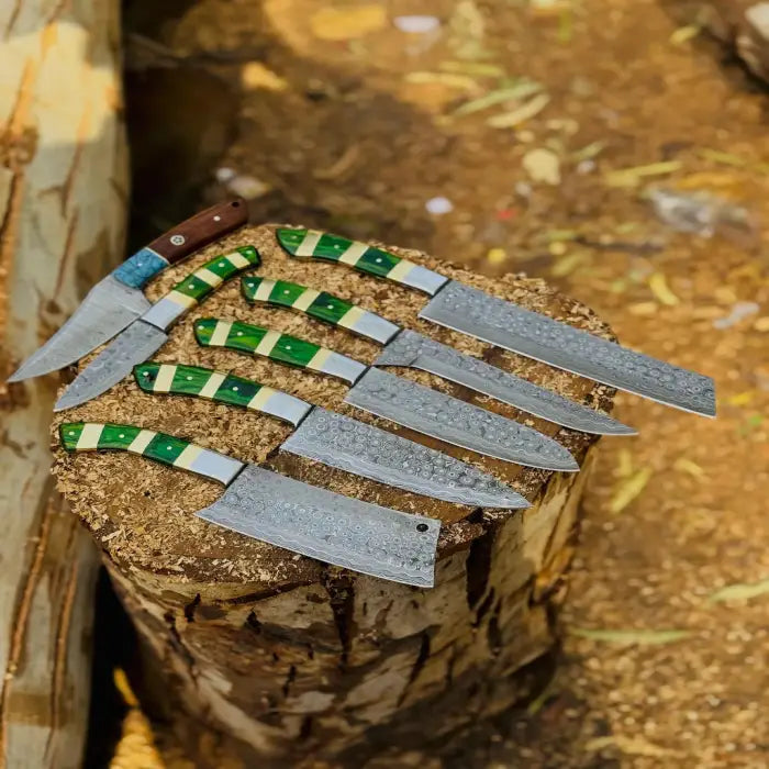 Hand-Forged Chef Knife Set | Damascus Steel Kitchen Knives with Wooden Handle | Cooking Set Gift for Him or Her