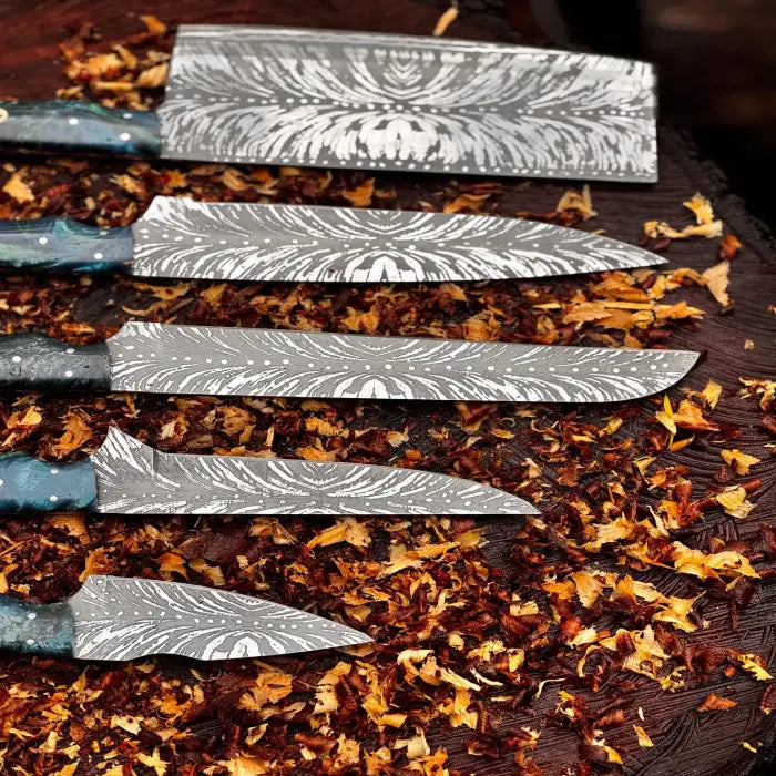 Hand Forged D2 Steel Chef Knife Set: 5-Piece Etched Blade