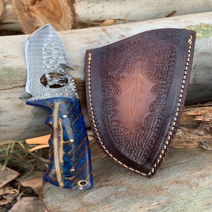 Beautiful Custom Handmade Damascus Steel gut hook skinning knif Resing and leather sheath gift personlized gift ideas family gift birthday