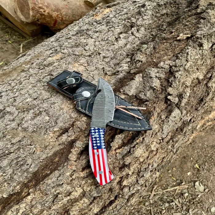 Handmade Damascus Knife & Pizza cutter | American Flag Handle |With Leather Sheath