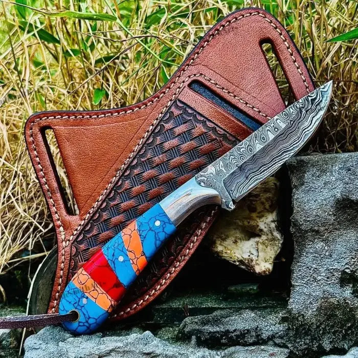 Personalised Handmade Damascus Steel Cowboy Knife With Pinecone Leather Sheath Groomsmen Gift for Him