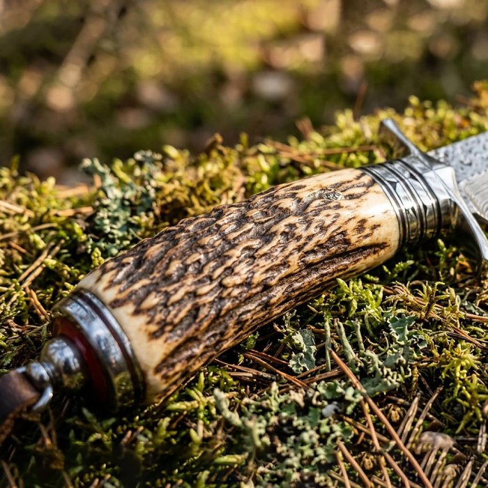 Damascus Hunting Knife, Stag Horn Handle, Outdoor Survival Tool