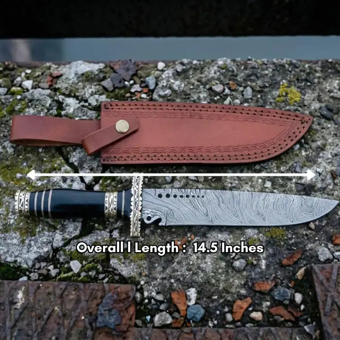 Handmade Damascus Bowie Knife – Clip Point Hunting Knife with Leather Handle