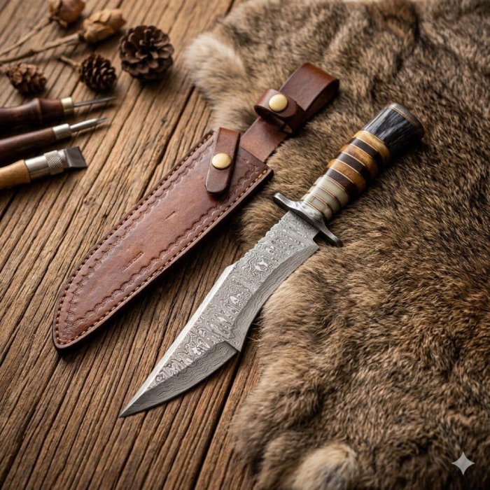Handmade Damascus Bowie Knife – Clip Point Hunting Knife with Leather Handle