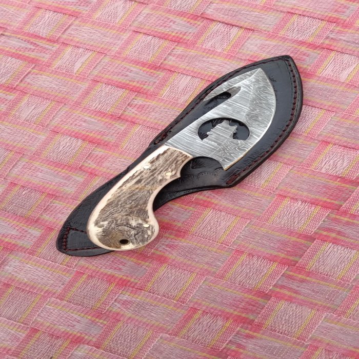 Stag Horn Hunting Knife - Damascus Gut Hook Blade, Bear Cutout, Hunting Camping Tool