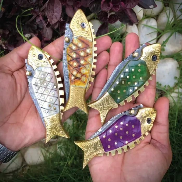 Fish Shaped Damascus Pocket Knife Handmade Folding Knife Gift for Him