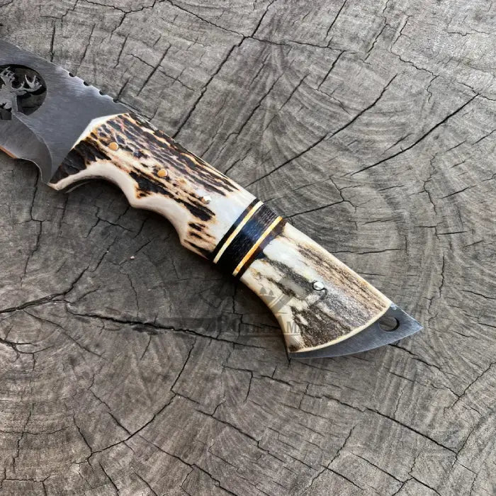 Handcrafted Gut Hook Antler Knife With leather Case Deer Engraving
