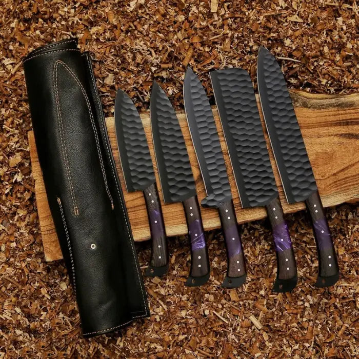 Handcrafted Vintage 5 knives Chef Knife Set With Leather Bag