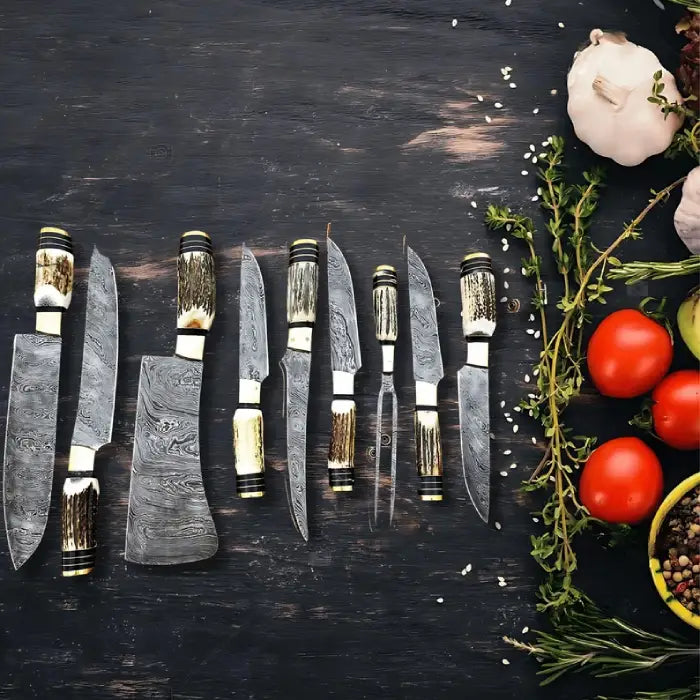 Handmade Chef Knives Set of 9 Pcs Damascus Steel Blades With Stag Handle Kitchen Knives Set Birthday Gift for Him Easter Gifts Kitchen knife