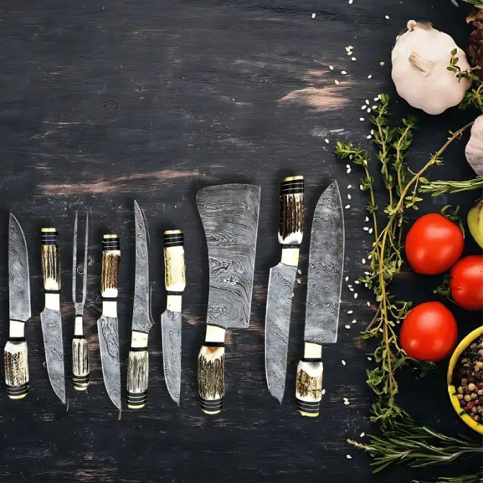 Handmade Chef Knives Set of 9 Pcs Damascus Steel Blades With Stag Handle Kitchen Knives Set Birthday Gift for Him Easter Gifts Kitchen knife