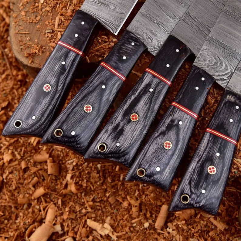 Damascus Steel 5 pcs Chef Set With Leather Bag