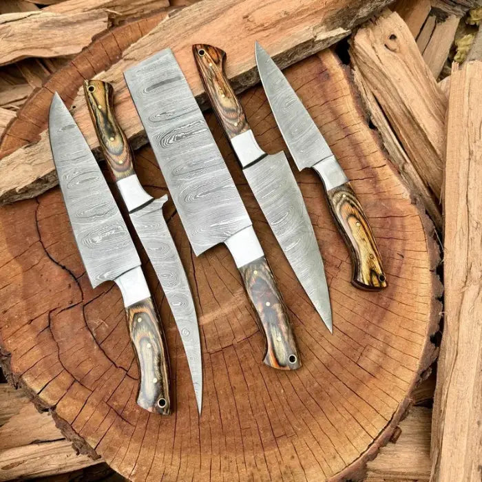 Hand Forged Damascus Steel Kitchen Knife Set With Leather Bag