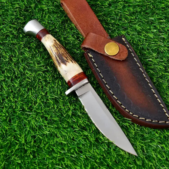 D2 Steel Fixed Blade Hunting Knife with Stag Horn Handle and Leather Sheath