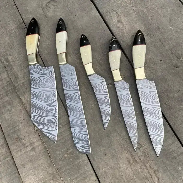 Handcrafted Damascus Steel Chef Knife Set With Camel Bone and Bull Horn Handle