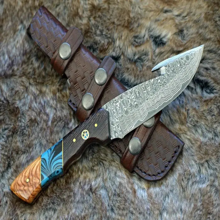 Handcrafted Hunting Knife with Gut Hook Fixed Blade and Leather Case