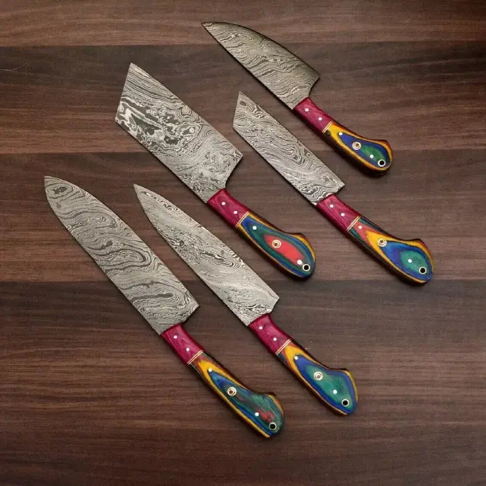 Handmade Damascus Steel Kitchen Knife Set With Leather Bag
