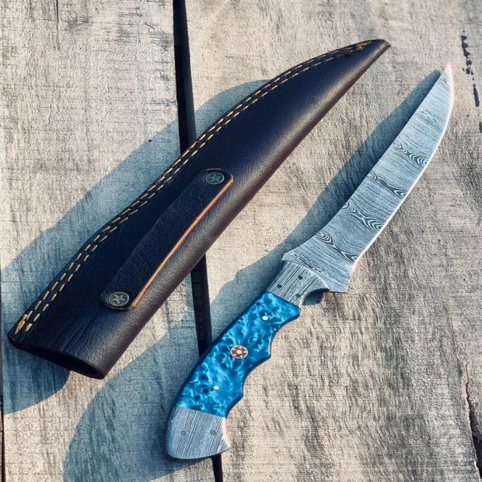 Handmade Damascus Steel Fillet Knife: Blue Resin Handle, Leather Sheath