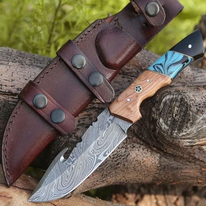 DAMASCUS Gut Hook Knife, Hunting Fishing Camping Utility Knifes Gift