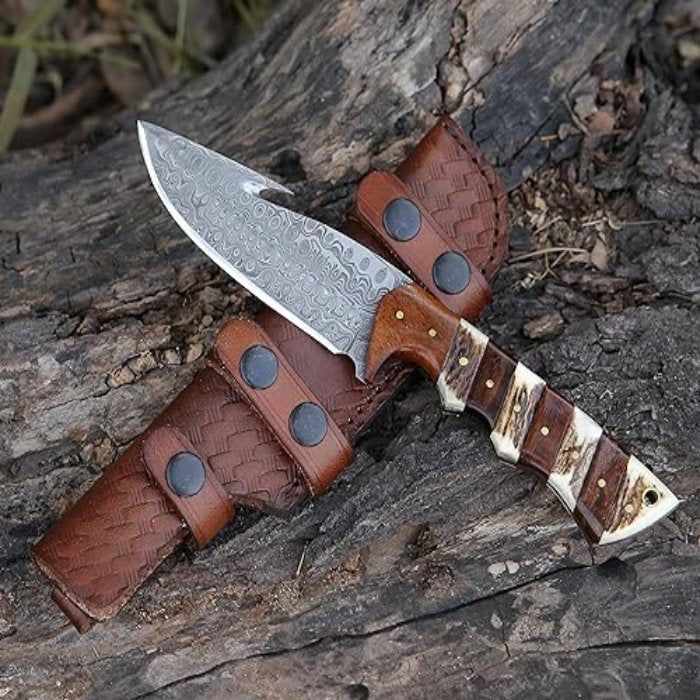 Hand Forged Damascus Steel Gut Hook Knife /Hunting & Fishing