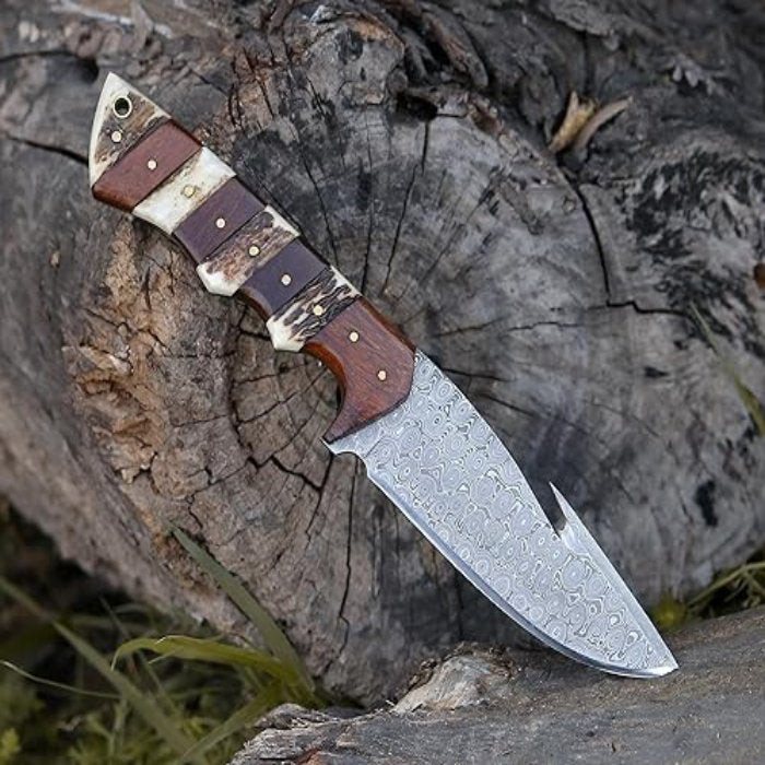 Hand Forged Damascus Steel Gut Hook Knife /Hunting & Fishing