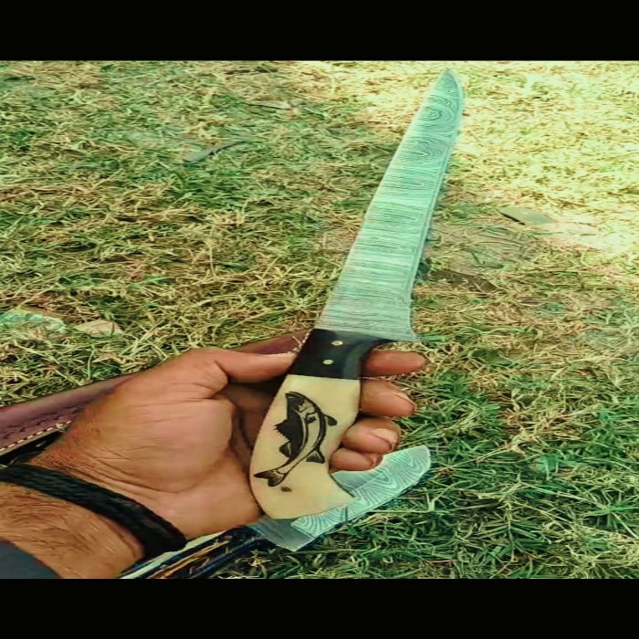 Fishing Fillet Custom Handmade Damascus Knife With Fish Engraving On Handle Personalized Knife