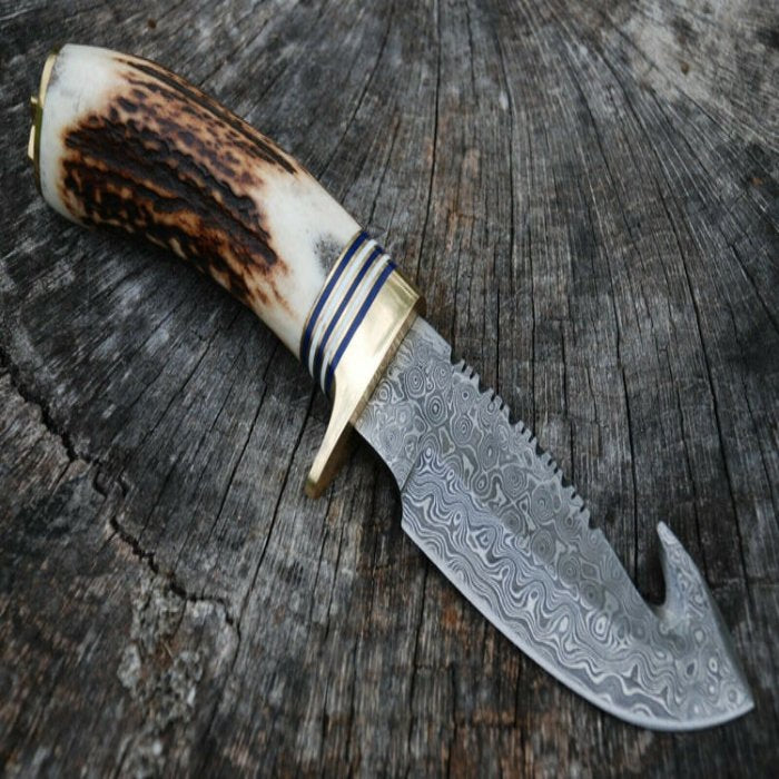 Stag Handle Gut Hook Knife - Handmade Hunting Skinning Knife - Razor Sharp Damascus Steel