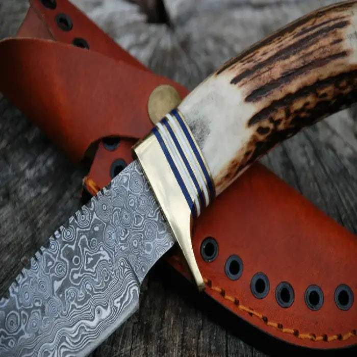 Stag Handle Gut Hook Knife - Handmade Hunting Skinning Knife - Razor Sharp Damascus Steel