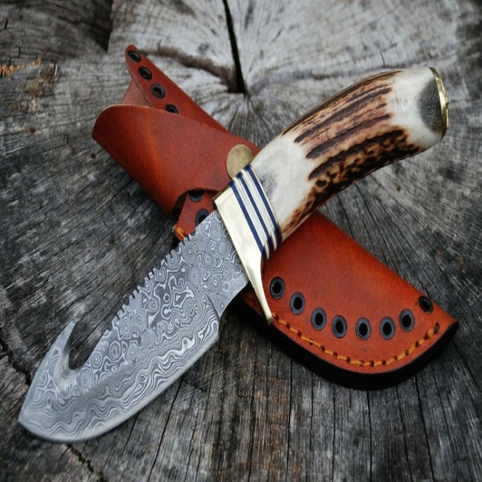 Stag Handle Gut Hook Knife - Handmade Hunting Skinning Knife - Razor Sharp Damascus Steel