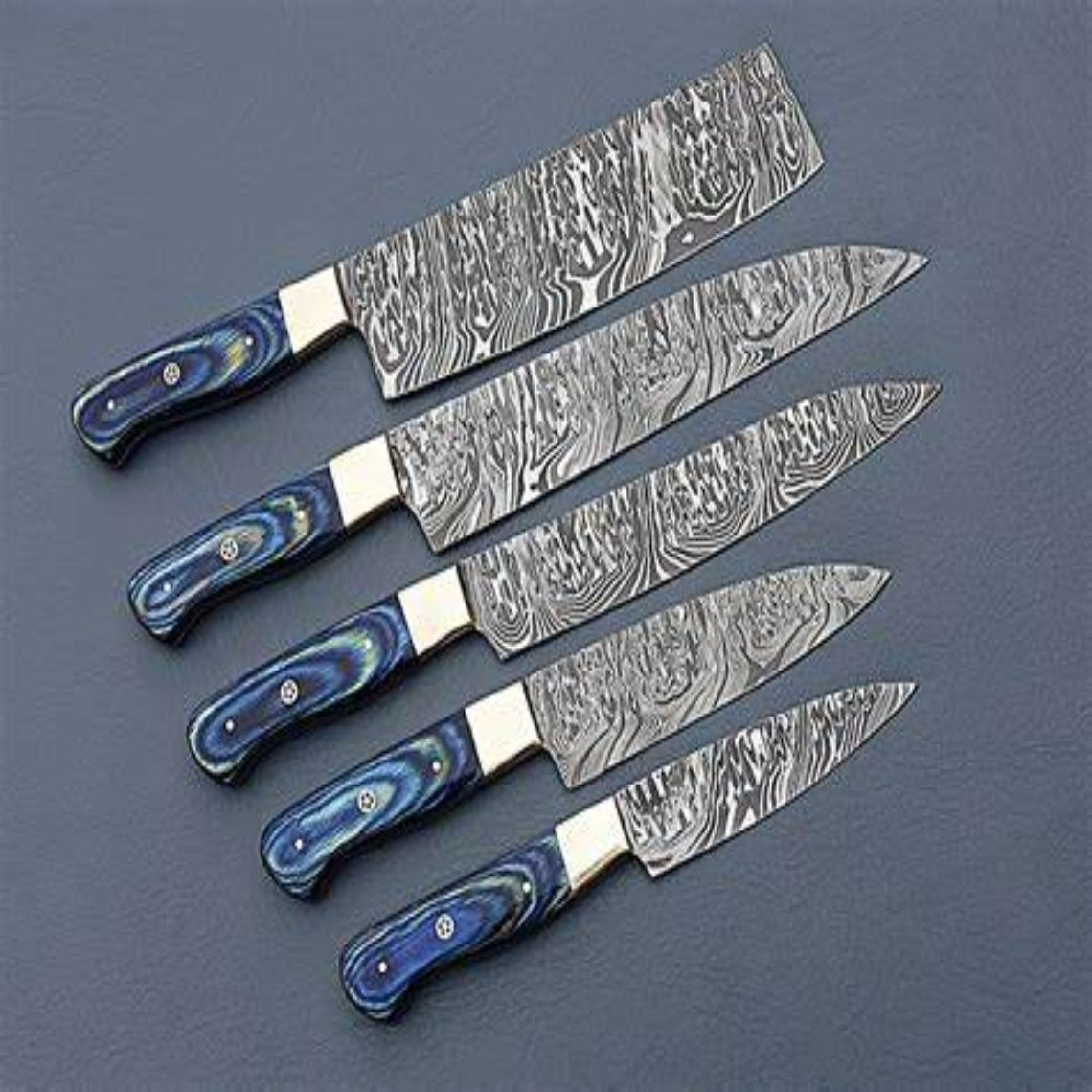 Handcrafted 5 pcs Damascus Steel Chef Knife Set with Leather Bag