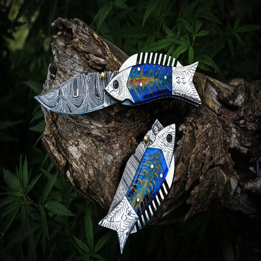 Fish Shaped Damascus Pocket Knife Handmade Folding Knife Gift for Him