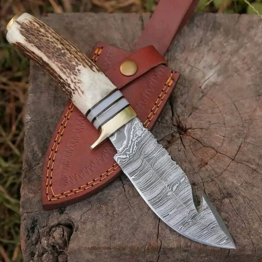 Stag Handle Gut Hook Knife - Handmade Hunting Skinning Knife - Razor Sharp Damascus Steel Blade