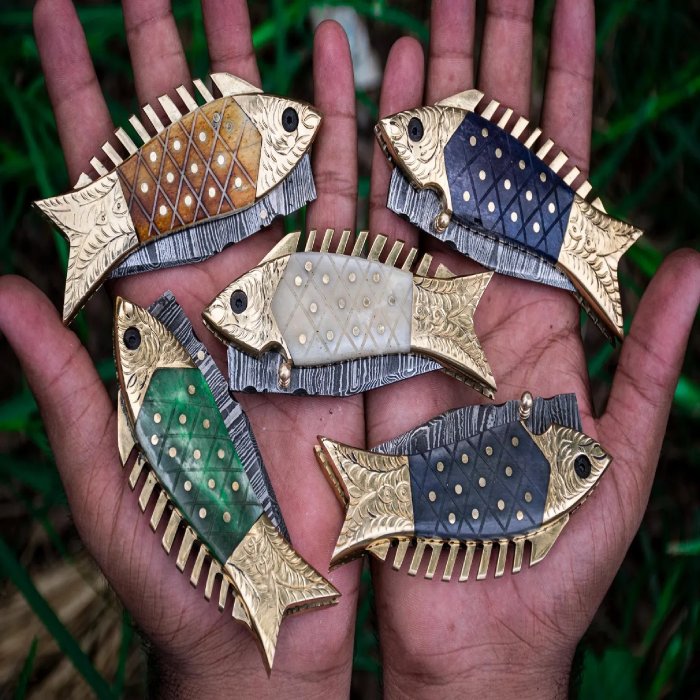 Fish Shaped Damascus Pocket Knife Handmade Folding Knife Gift for Him
