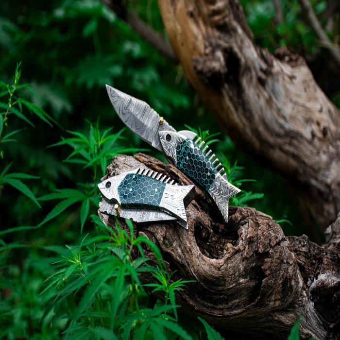Fish Shaped Damascus Pocket Knife Handmade Folding Knife Gift for Him