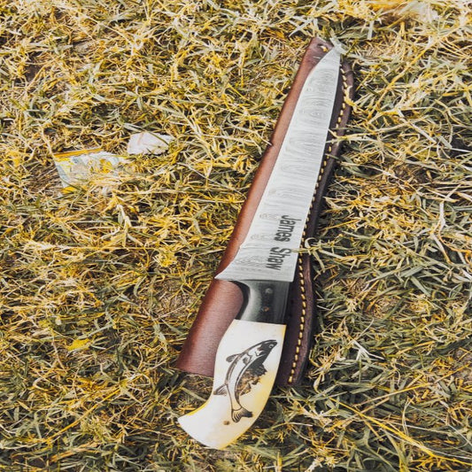 Fishing Fillet Custom Handmade Damascus Knife With Fish Engraving On Handle Personalized Knife