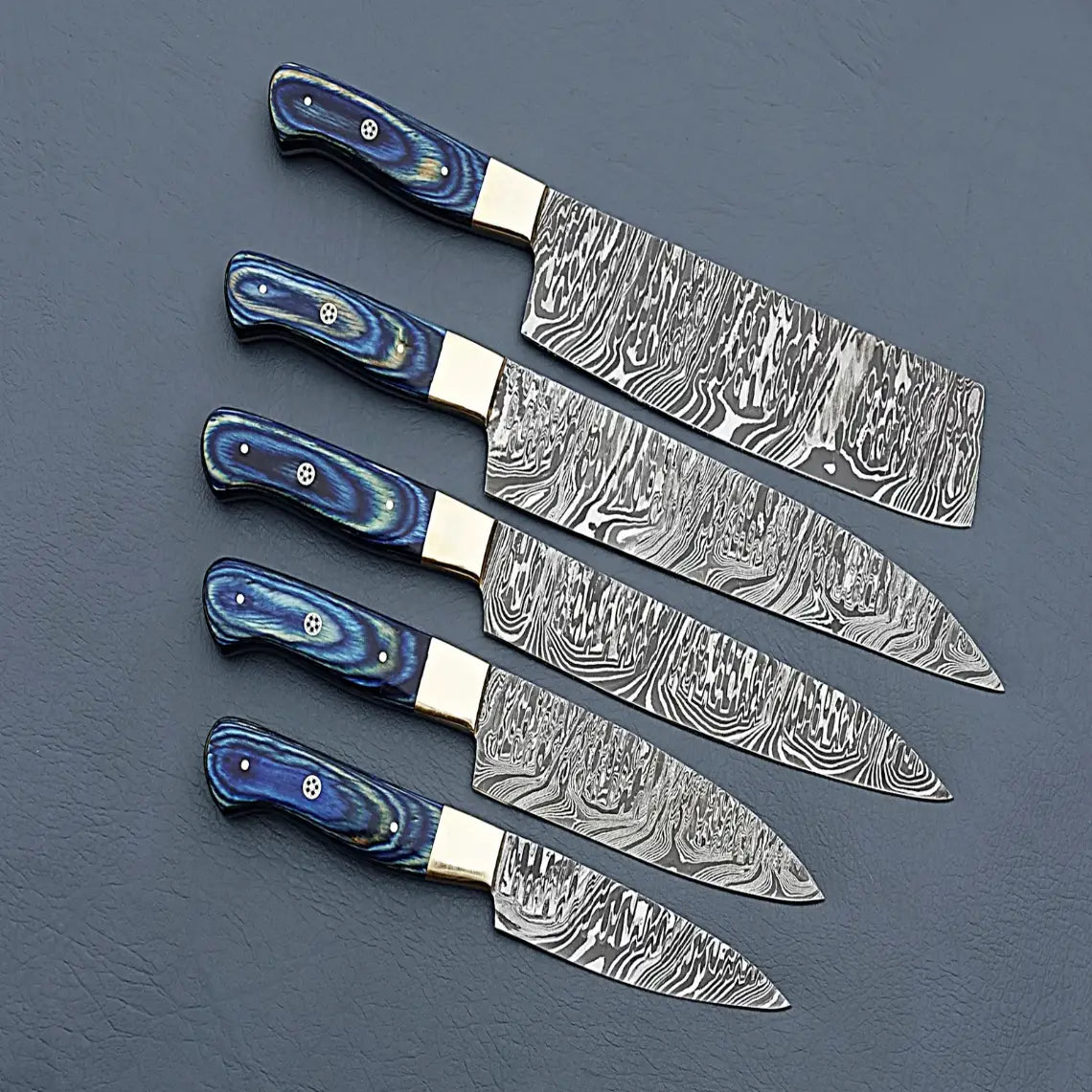 Handcrafted 5 pcs Damascus Steel Chef Knife Set with Leather Bag