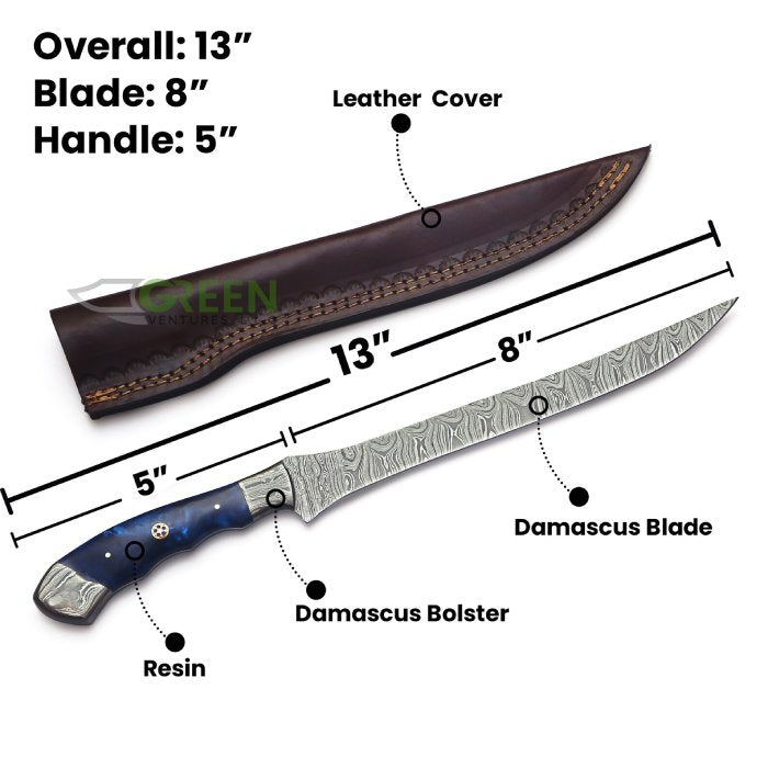 Handmade Damascus Steel Fillet Knife: Blue Resin Handle, Leather Sheath