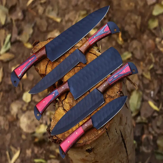 Handmade J2 Steel Set Of 5 Chef knife Set, kitchen knife Set With Leather Sheath