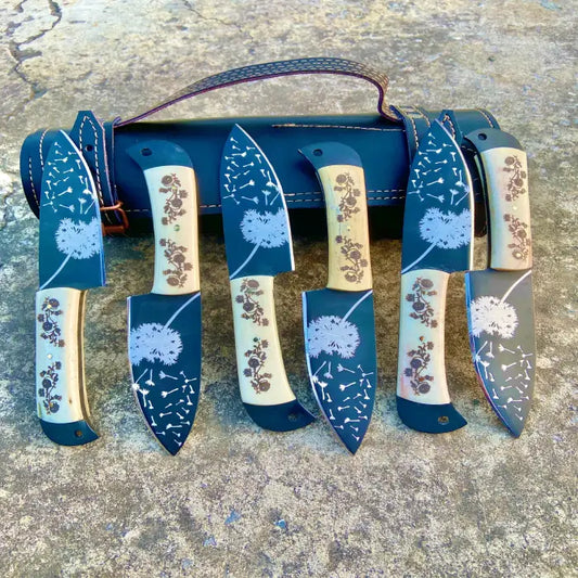 Handmade 6 Steak Knife & Leather Kit Floral Engraved Camping Knives Gift For Husband Anniversary Gift Kitchen Knives Set Gift For Mother